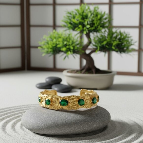 Vintage-Inspired Gold Cuff Bracelet | Green Zirconia Gems | 18K Gold Plated - Picture 11 of 12